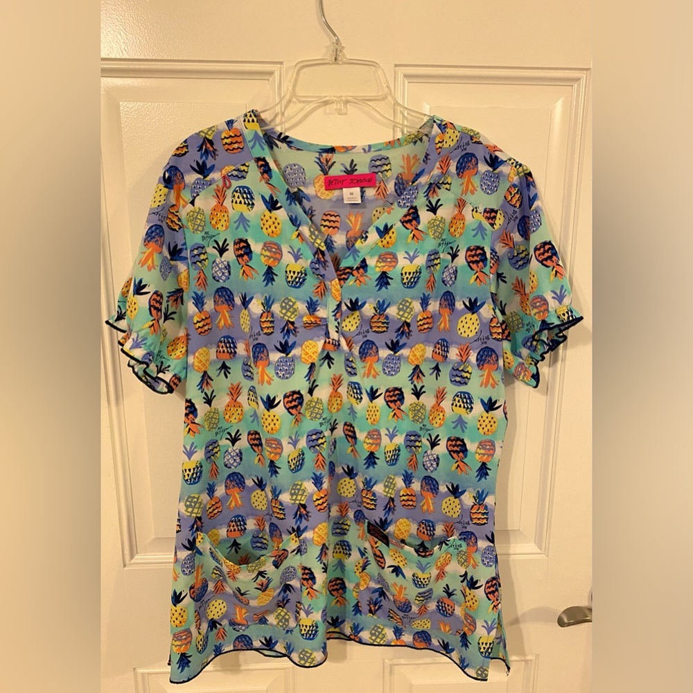 Pretty Betsey Johnson (Koi) scrub top in Medium.